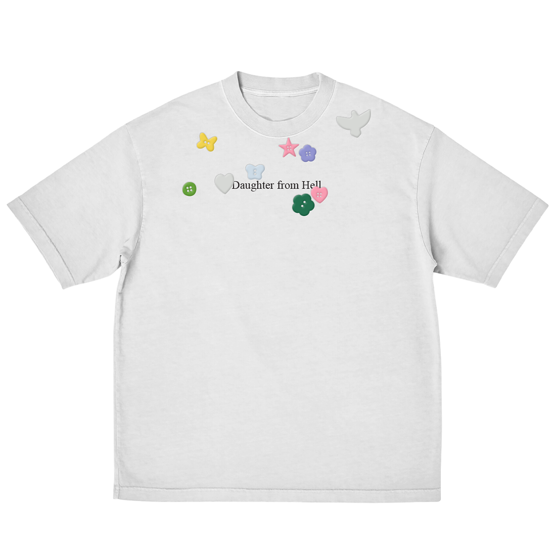 A white short-sleeve crewneck t-shirt featuring a graphic on the chest with the text 'Daughter from Hell' surrounded by small pastel-colored abstract shapes, including a yellow butterfly, a pink star, a purple flower, a green circle, and a green flower.